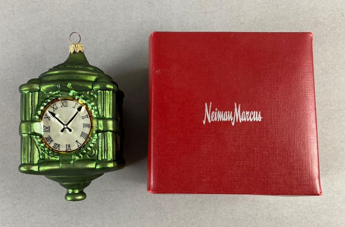 1997 Marshall Fields Radko Big Ben Christmas Ornament: Hand blown glass and painted in Poland. Measures H 5 x W 3 x L 3 inches.