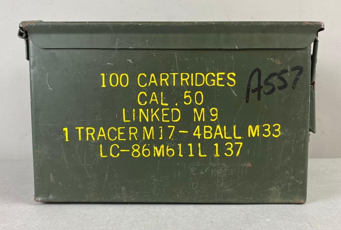 50 Cal. Ammo Can: Little rust throughout, has seals, and measures H 7 x W 6 x L 12 inches. Painted army green.