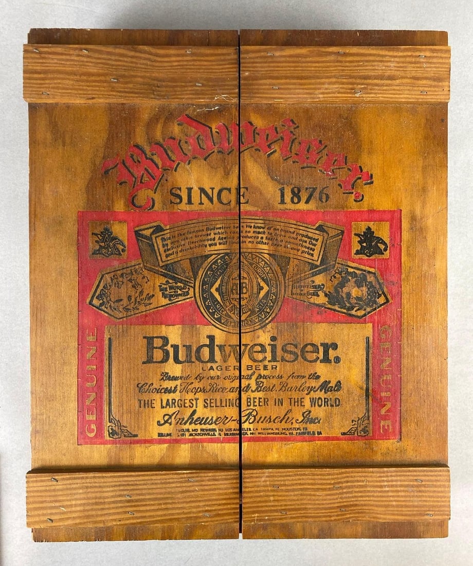 Vintage Budweiser Wooden Storage Cabinet: Includes Anheuser Busch Budweiser Logo since 1876. Circa 1980’s. Measures H 4 x W 15 1/2 x L 19 inches.