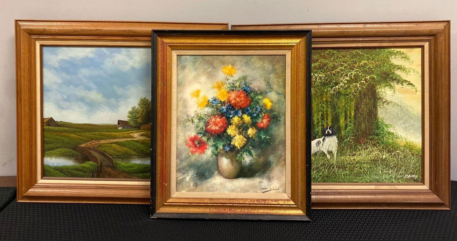 Group of 5 Vintage Framed Oil Canvas Paintings and More.: Includes Farm, Dog in wild, and more. Largest measure L 31 x W 27 Inches.one painting frame is coming apart l. Has a puncture as well.