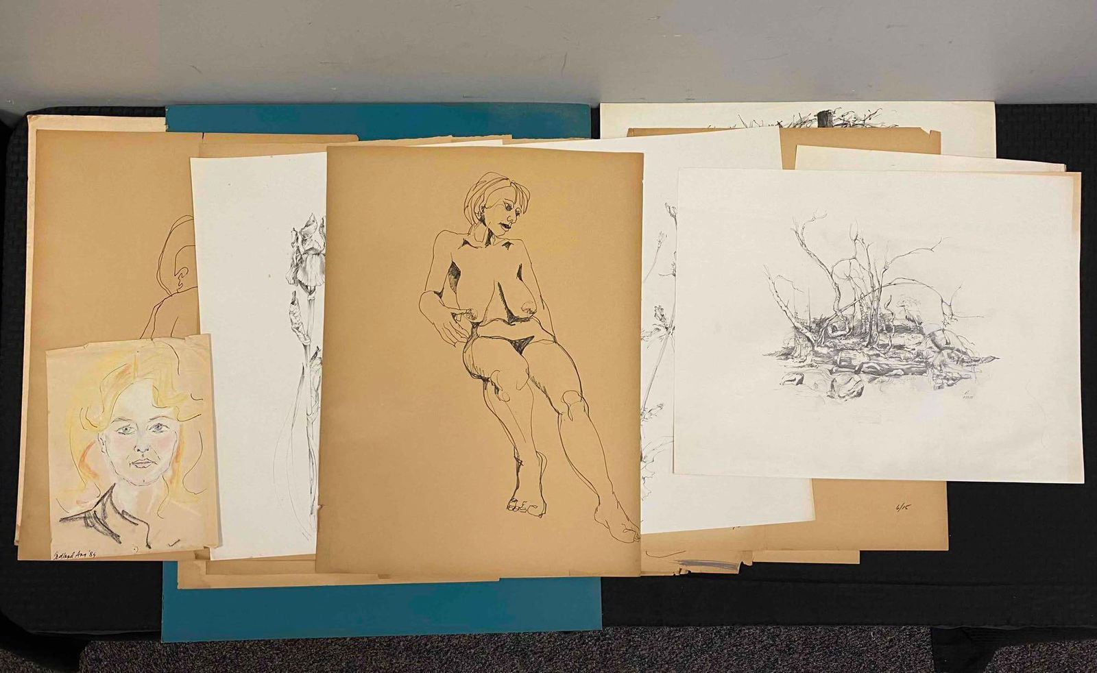 Group of 40 Hand Drawn Sketches and More: Includes personalized sketches from 1970’s-2015, Vogue poster, and more. Largest measures L 30 x W 24 inches.