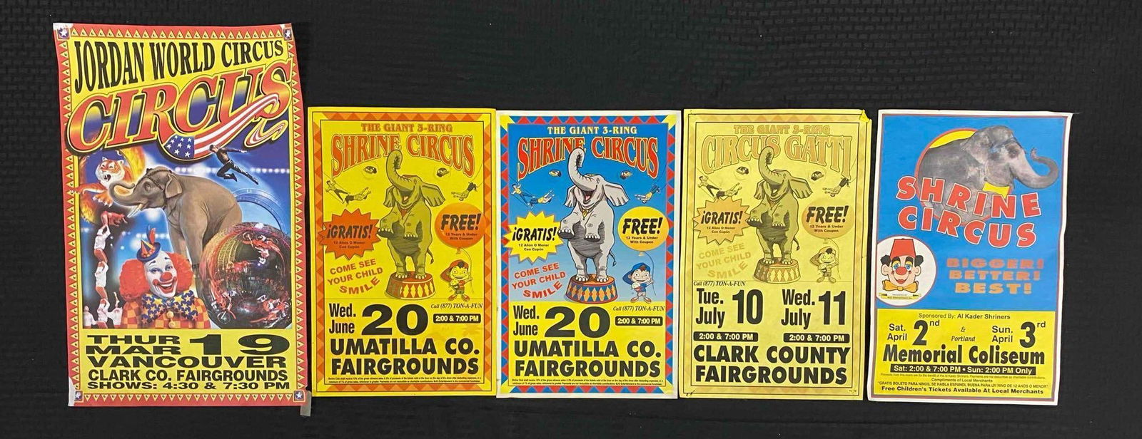 Group of 5 Shrine Circus Posters and More: Includes Shrine Circus, Jordan World Circus, and Circus Gatti. Largest measures L 22 x W14 inches.