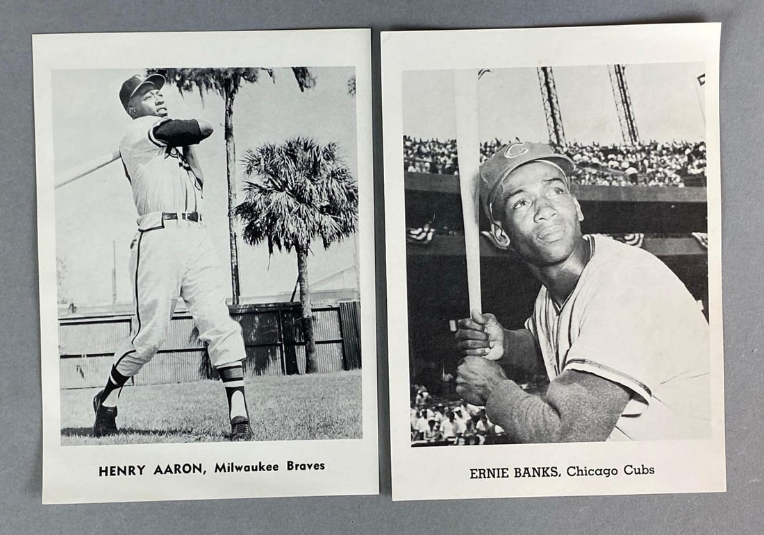Group of 2 Vintage Iconic Baseball Player Photographs: includes Ernie banks and Henry Aaron, each measures 7” H x 5” W