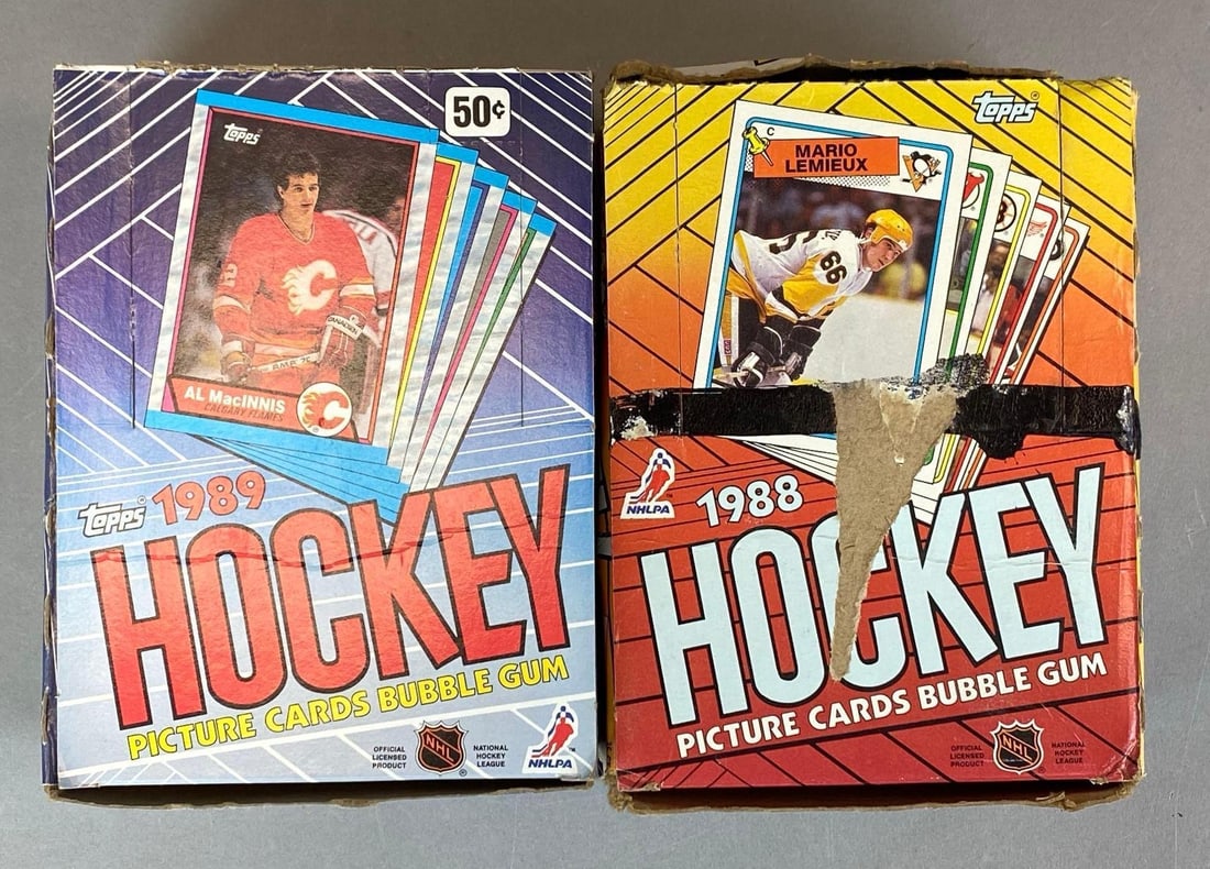 Group of 2 1988-1989 Topps NHL Trading Cards Boxes: National hockey League, complete opened boxes, Packs sealed, each box measures 7 1/2” H x 5 1/2” X 3” W