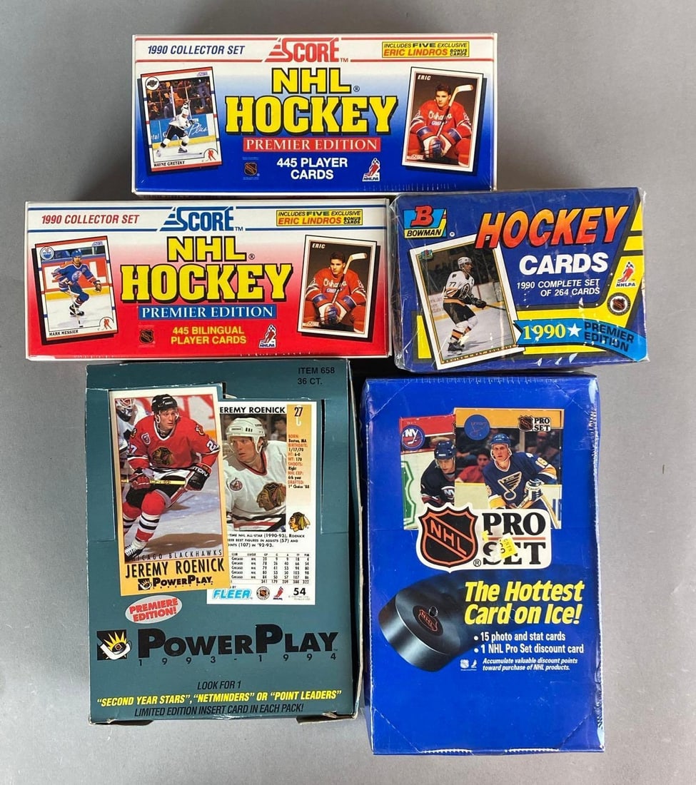 Group of 5 1990s NHL Trading Card Boxes: National hockey league, All sealed except 1, Packa opened in opens box, largest box measures 8” H x 6” W x 3” D