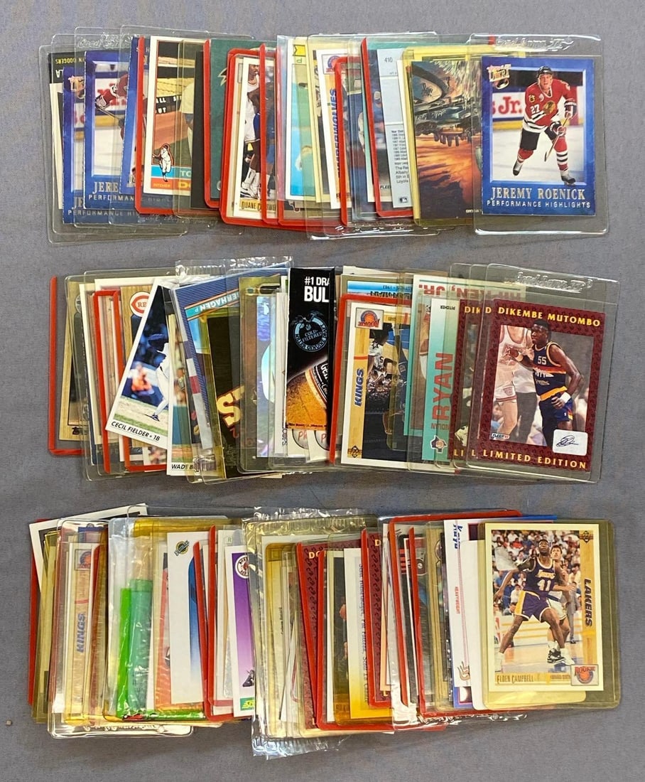 Group of Assorted 1990s Sports Trading Cards: Most in protective sleeves, Inclufes basketball, hockey, baseball and more