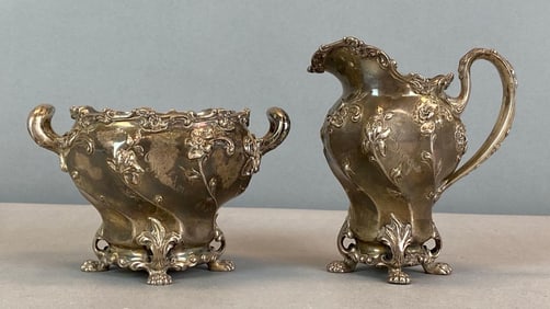 Sterling Silver Marcus and Co Floral Motif Footed Creamer and Sugar