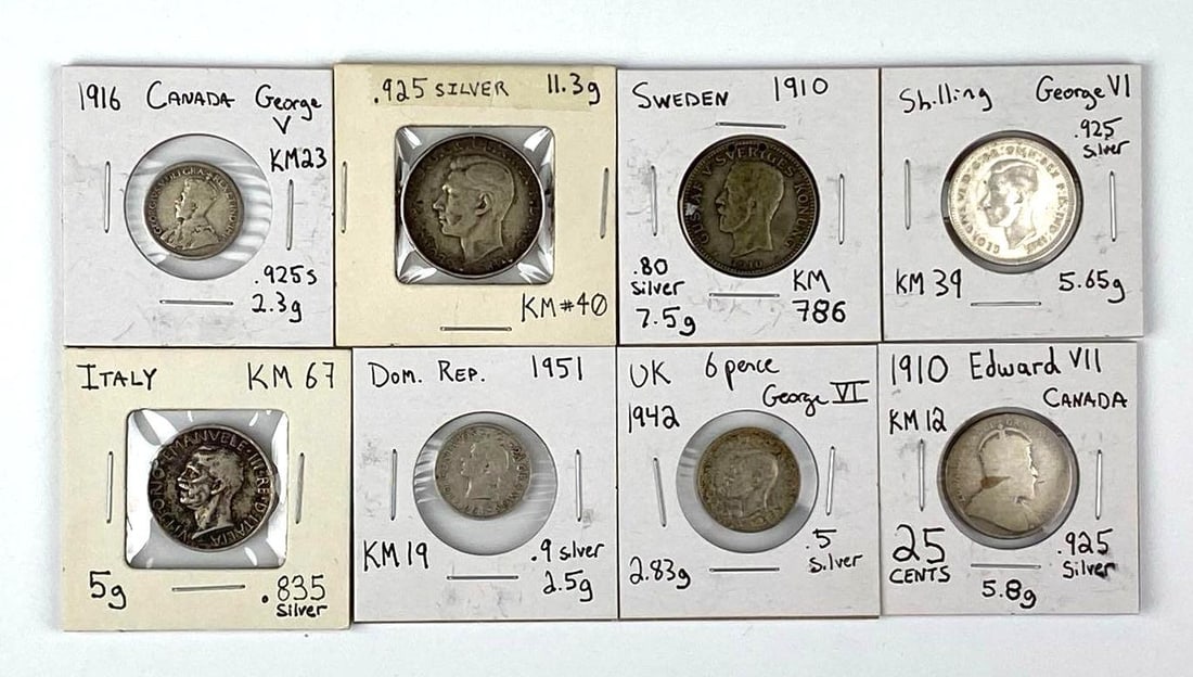 Group of 8 Assorted Foreign Coins: Includes Austria, Italy, Canada and more.