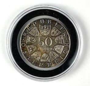 1974 Rupublik Osterreich 50 Schillings Gendarmerie 125th Anniversary Coin