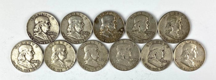 Group of 11 US Franklin Half Dollars