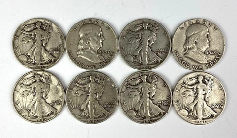 Group of 8 US Silver Half Dollars