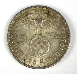 1936 WW2 German Paul von Hindenburg 5 Reichsmark Silver Coin