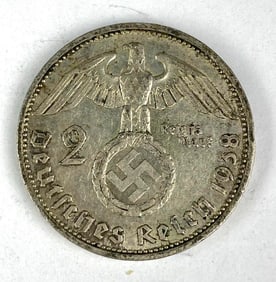 1938 WW2 German Paul von Hindenburg 2 Reichsmark Silver Coin