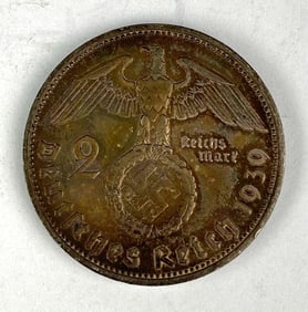 1939 WW2 German Paul von Hindenburg 2 Reichsmark Silver Coin