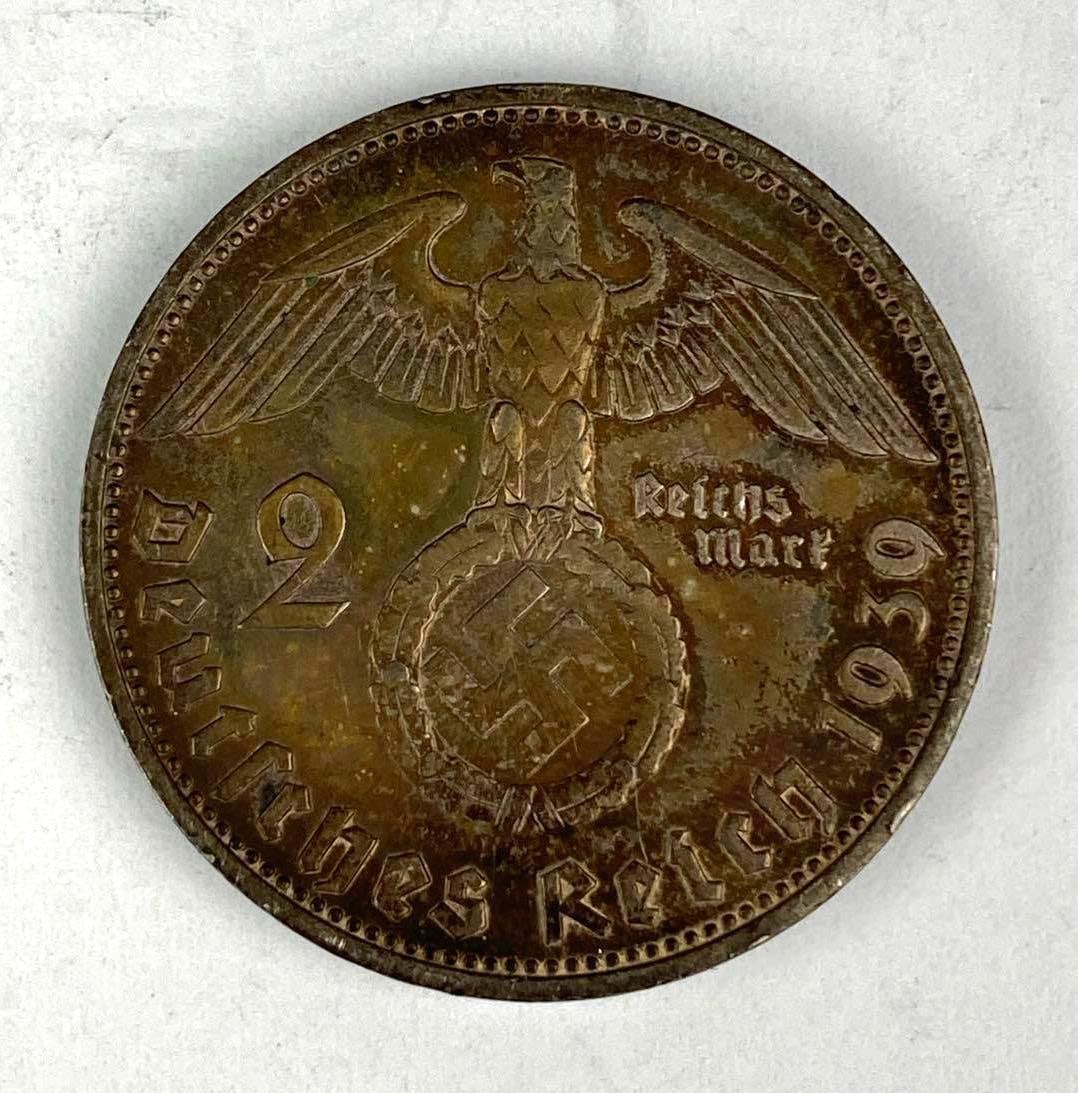 1939 WW2 German Paul von Hindenburg 2 Reichsmark Silver Coin: 1939 WW2 German Paul von Hindenburg 2 Reichsmark Silver Coin