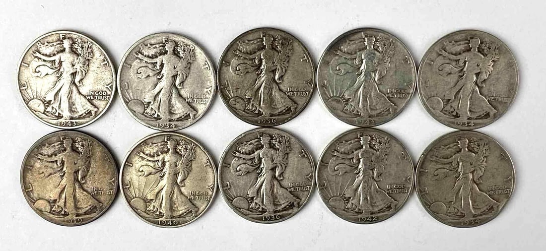 Group of 10 US Walking Liberty Silver Half Dollars (1 of 2)