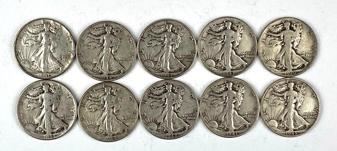 Group of 10 US Walking Liberty Silver Half Dollars (1 of 2)
