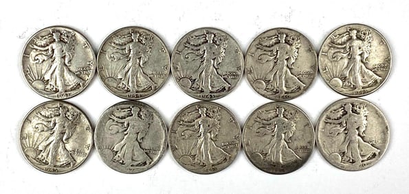 Group of 10 US Walking Liberty Silver Half Dollars