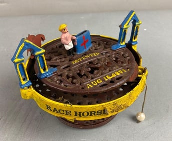 J. & E. Steven Co. Cast Iron Mechanical Race Horse Bank