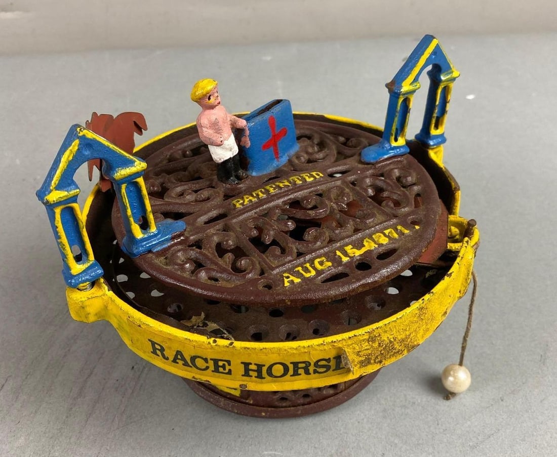J. & E. Steven Co. Cast Iron Mechanical Race Horse Bank: Untested. Patented Aug 15, 1871. Measures L 6 x W 5 inches.