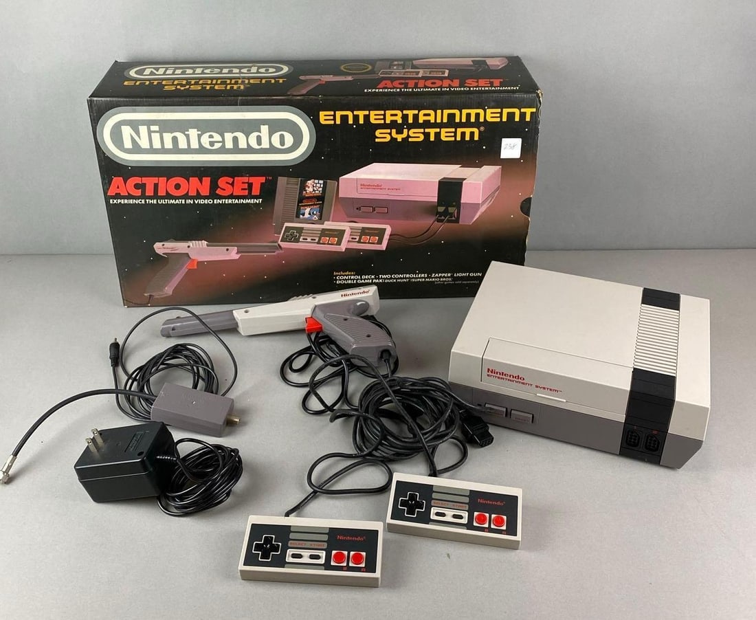 Nintendo Console: Untested. Set completion unknown. Includes original box, Zapper, manual and more. Box measures H 11 3/4 x W 21 x D 5 1/2 inches.