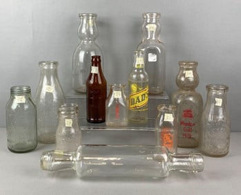 Group of Assorted Vintage Glass Milk Bottles and More