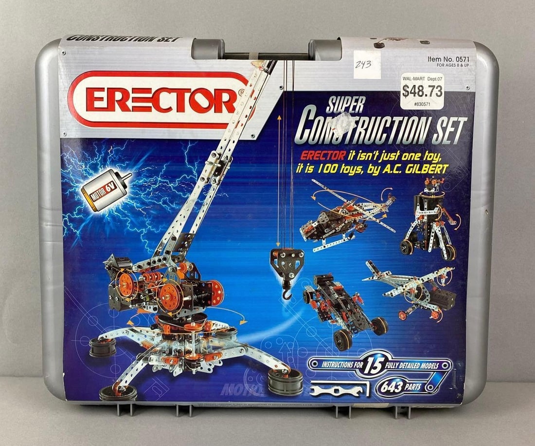 Erector Metal Construction Set Toy: Sealed. Case measures H 14 x W 16 1/2 x D 4 1/2 inches.