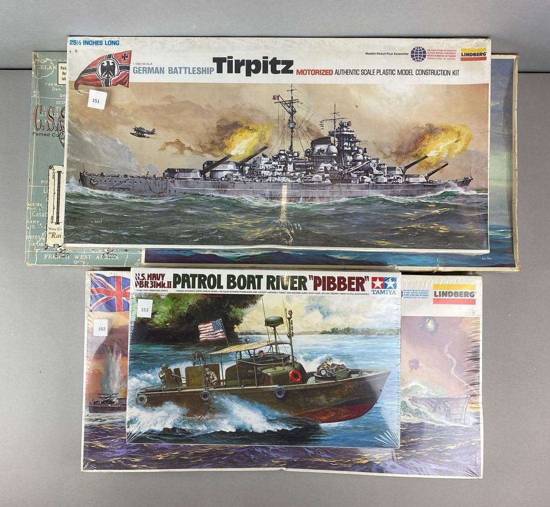 Group of 4 Model Ship Kits: 3 are factory sealed. Set completions unknown. Largest measures H 13 x W 29 x D 3 inches.