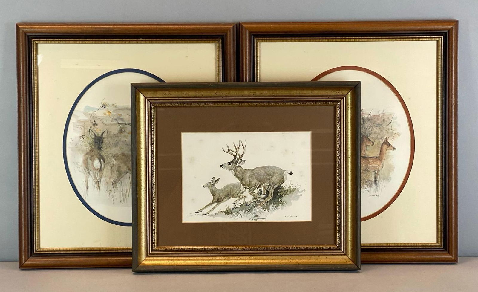 Group of 3 White Tail Deer Prints: Largest frame measures 19” H x 17” W