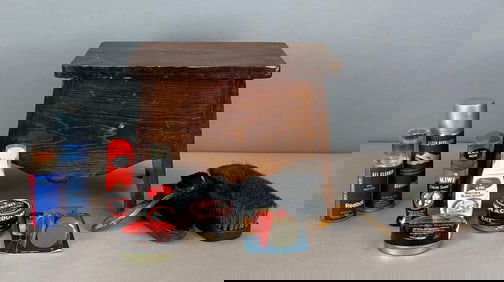 Vintage Wood Footstool with Shoe Care Products