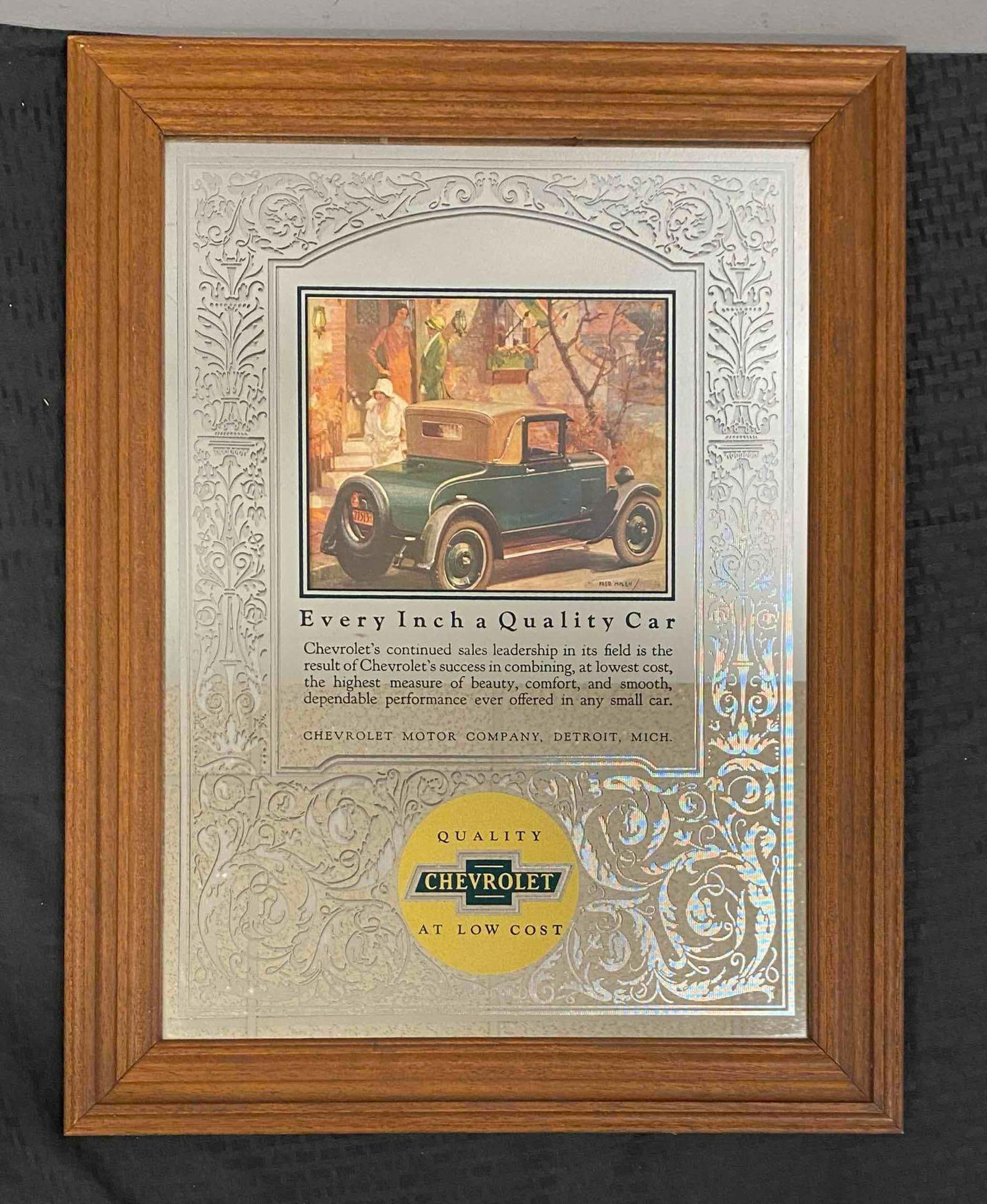 Reproduction Quality Chevrolet Advertising Mirror: frame measures 26” H x 20” W