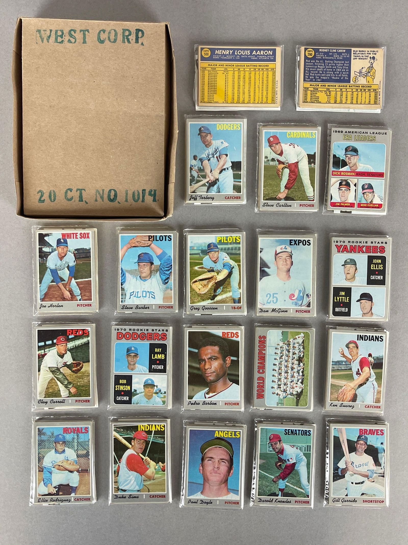 1970 Topps Baseball West Corps Cello Fun Pack Vending Box of 20: Steve Carlton on front, Hank Aaron, and Rod Carew on Back,?West Corps was a repacking company in the 1970s, 10 cards per pack
