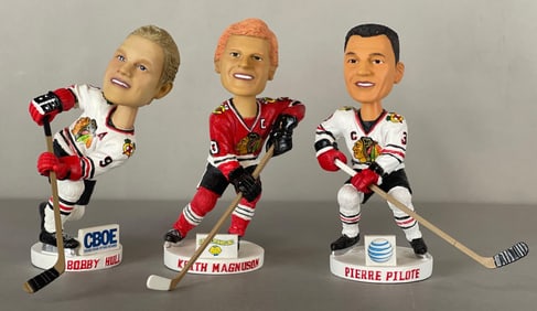 Bobby Hull, Keith Magnuson, and Pierre Pilote Chicago Blackhawks Kick10 Bobbleheads