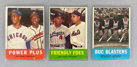 1963 Topps Buc Blasters #18, Power Plus #242, and Friendly Foes #68