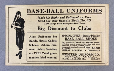 Early 1920s Western Uniform Co. Base Ball Uniforms Advertising Postcard