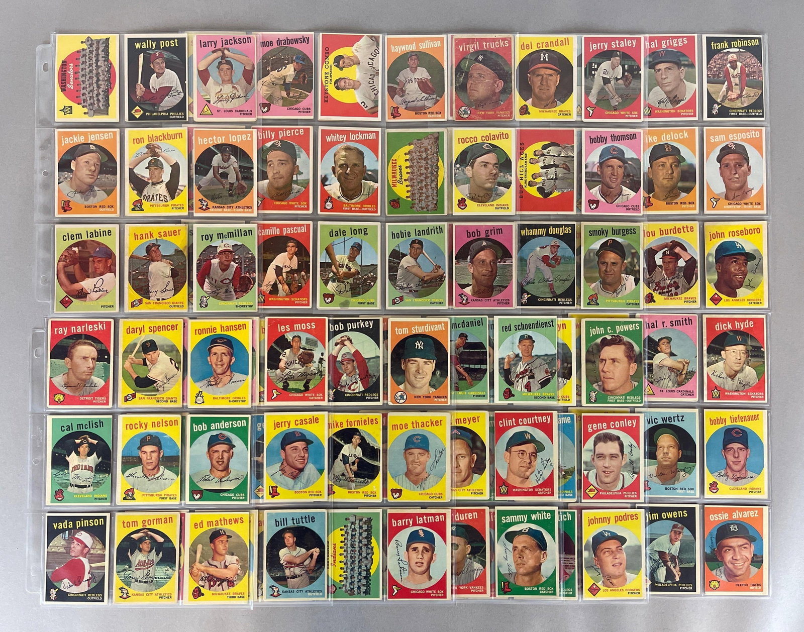 98 - 1959 Topps Baseball Cards with HOFs, Stars, and Rookies: Conditions vary, Low - EXMT, Vada Pinson Rookie EXMT, Ed Mathews, Brooks and Frank Robinson, Whitey Ford, and More