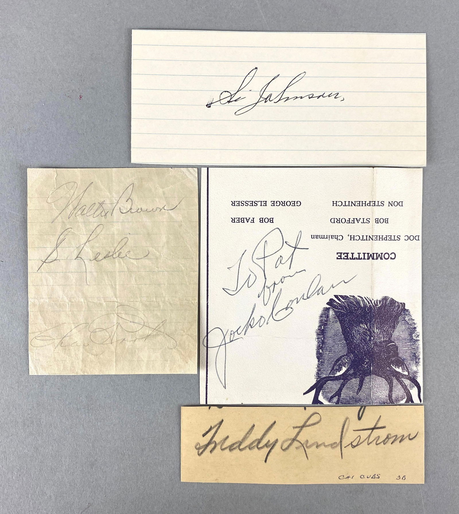 6 - 1930s Baseball Players Signed Cuts: 6 - 1930s Baseball Players Signed Cuts. Autographs of Jocko Conlan,?HOF Umpire Chicago White Sox, Freddy Lindstrom, and Charles Root Chicago Cubs, Si Johnson, Walter Brown, and Sam Leslie.