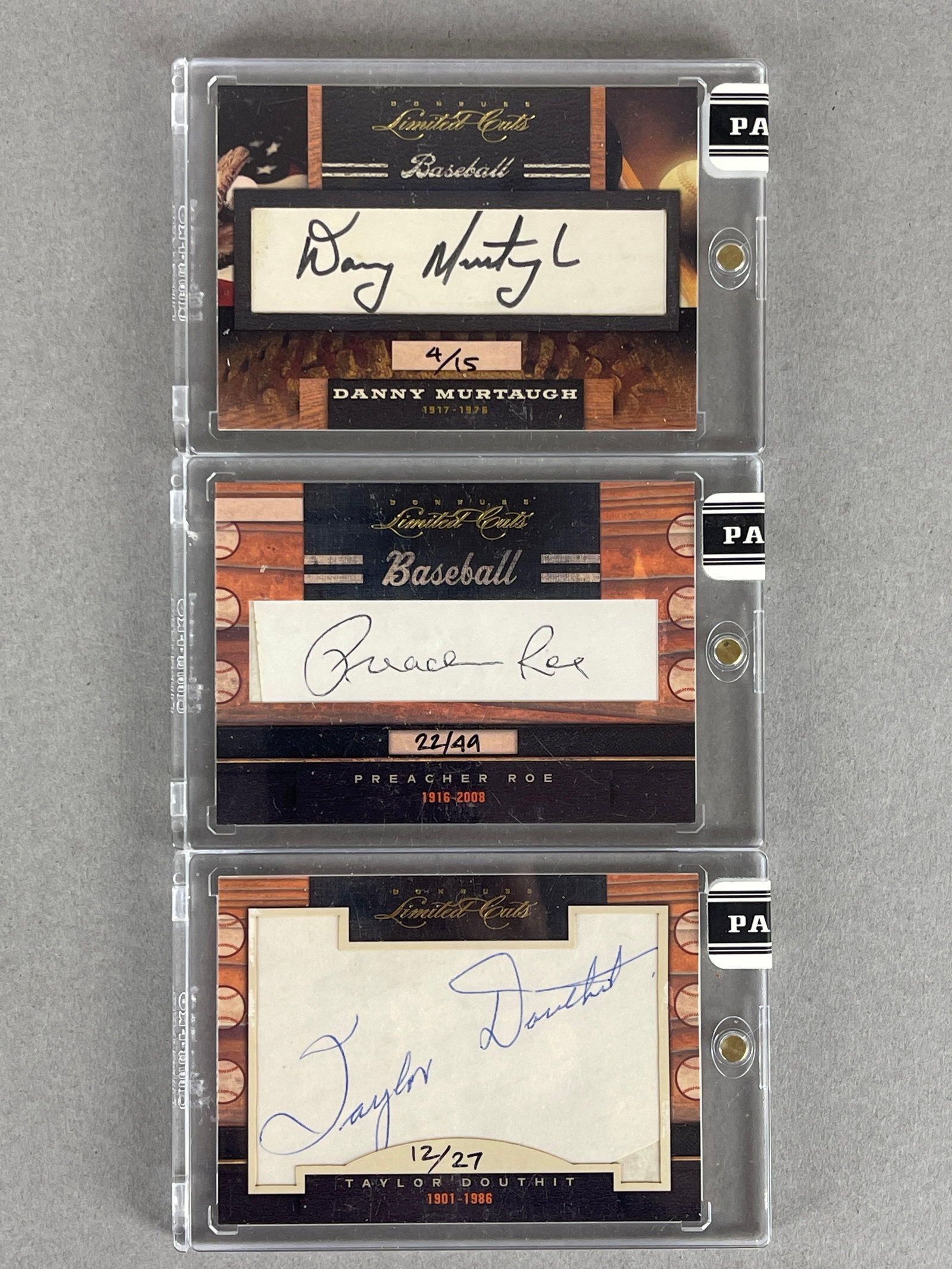 2011 Donruss Limited Cuts Danny Murtaugh, Preacher Roe, and Taylor Douthit Autos: Murtaugh 4/15, Roe 22/49, Douthit 12/27