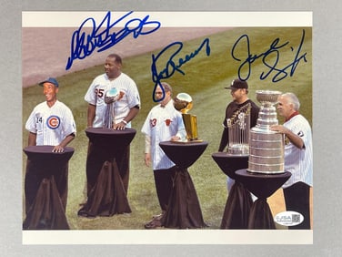 Jerry Reinsdorf, Joel Quenneville and Richard Dent Signed Trophy Spoof 8x10 Photo with JSA COA