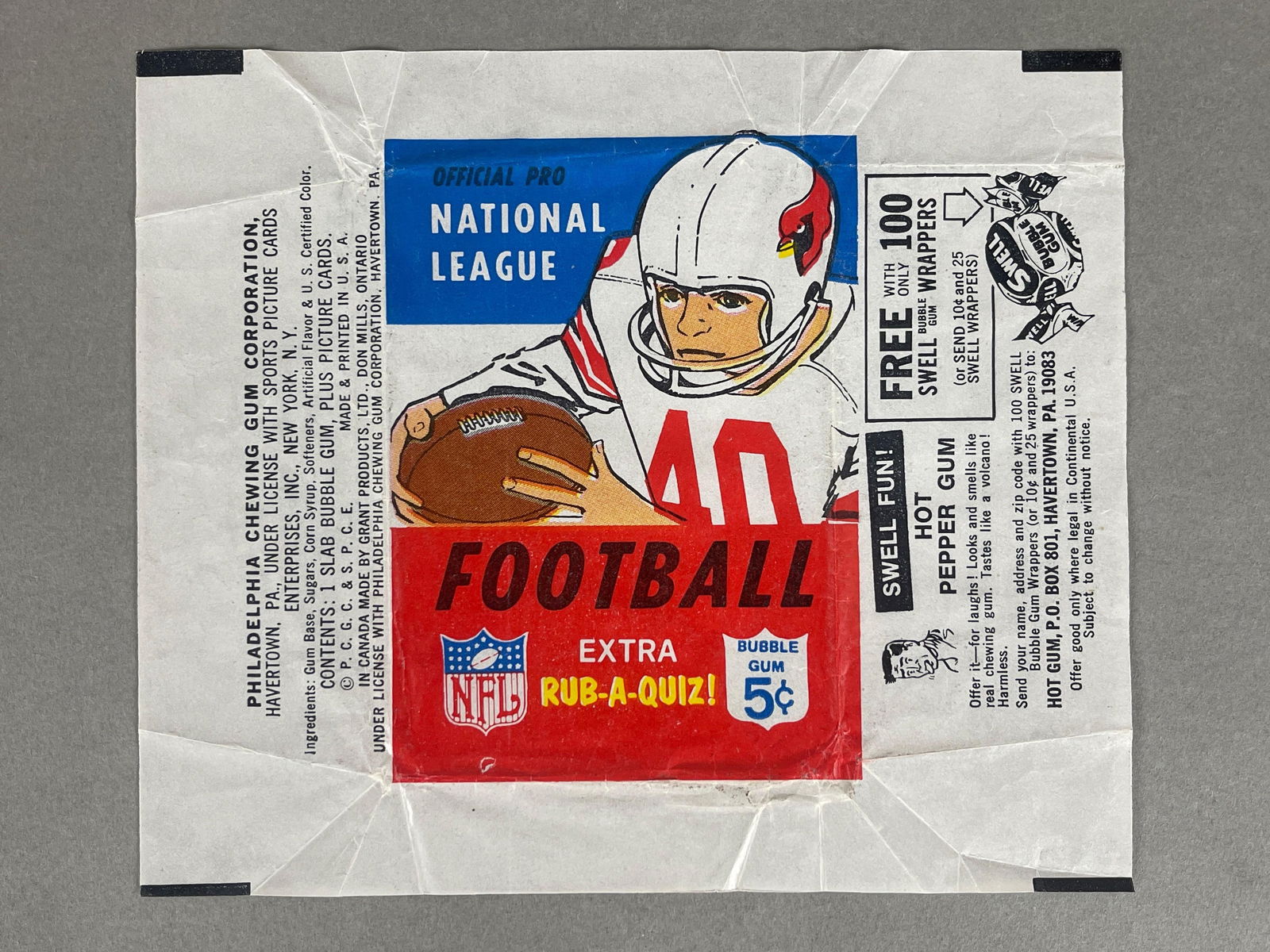 1967 Philadelphia Gum Football 5 Cent Wrapper: Rare, nice looking wrapper, No tears