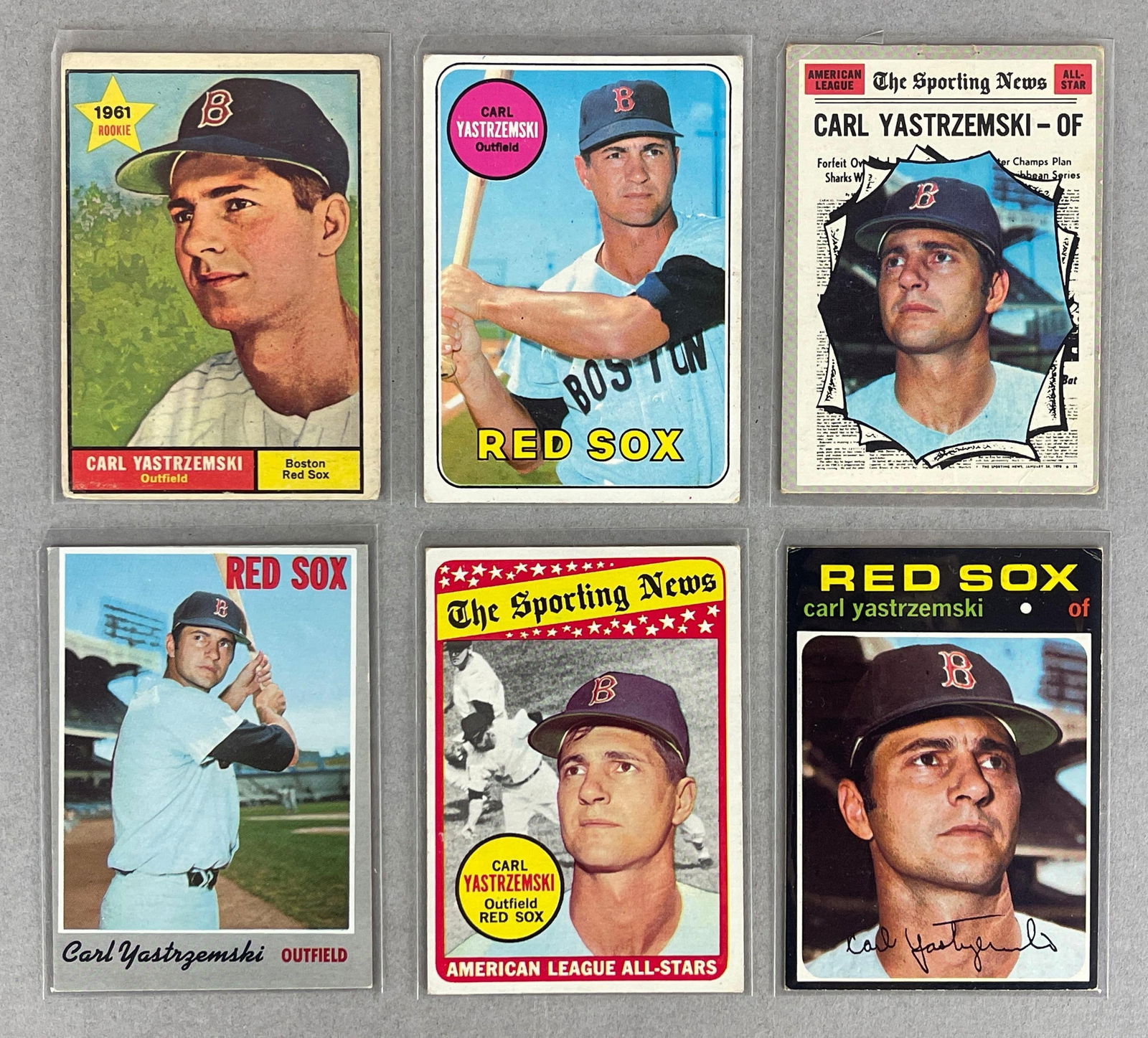 6 - 1961 - 71 Topps Carl Yastrzemski Cards: Conditions vary, Low - EX, 1961 #287 G - VG, 1969 #130 VG, #425, 1970 #10, #461, 1971 #530 back paper loss