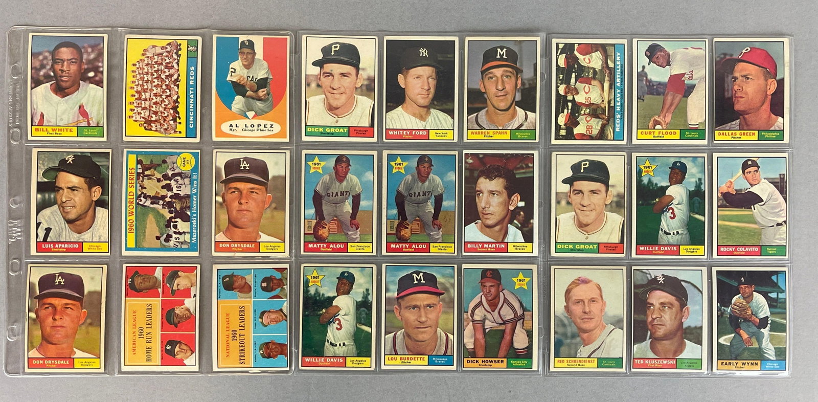 27 - 1961 Topps Baseball Cards with HOFs, Stars, and Rookies: Conditions vary, Low - EXMT, Luis Aparicio, 2 - Don Drysdale, AL HR Leaders with Mantle, Whitey Ford, Warren Spahn, and More