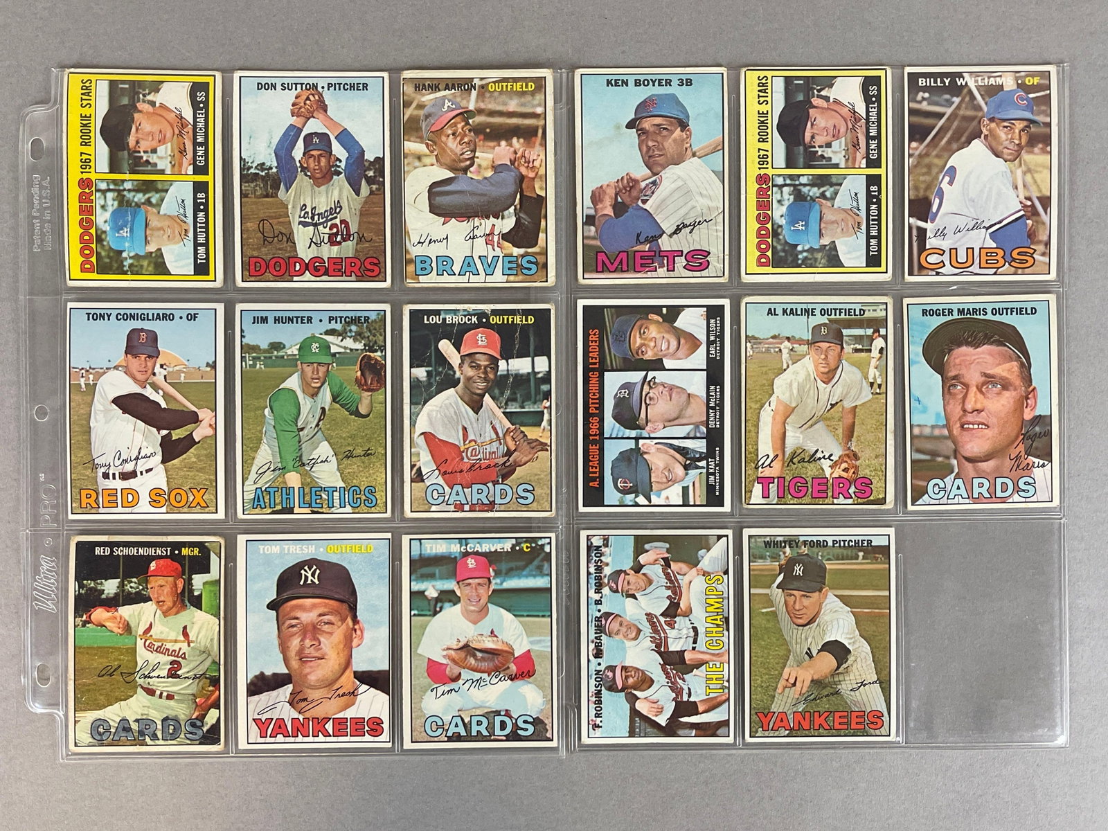 17 - 1967 Topps Baseball Cards with Hank Aaron, Lou Brock, and More: Condition vary, Low - EX, Hank Aaron, Lou Brock, Billy Williams, Al Kaline, Whitey Ford, Roger Maris, and More