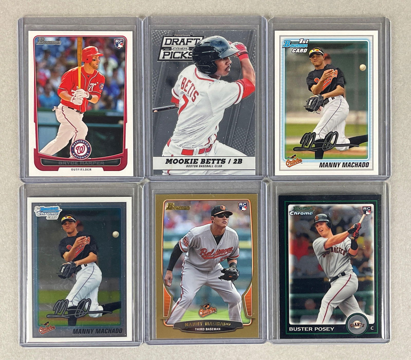 6 - 2010 - 13 Bowman and Prizm Baseball Rookie Stars: Ready to Grade, 2010 Bowman Chrome Buster Posey, 2010 Bowman Chrome Manny Machado, 2012 Topps Bryce Harper, 2013 Topps Manny Machado, 2013 Prizm Mookie Betts