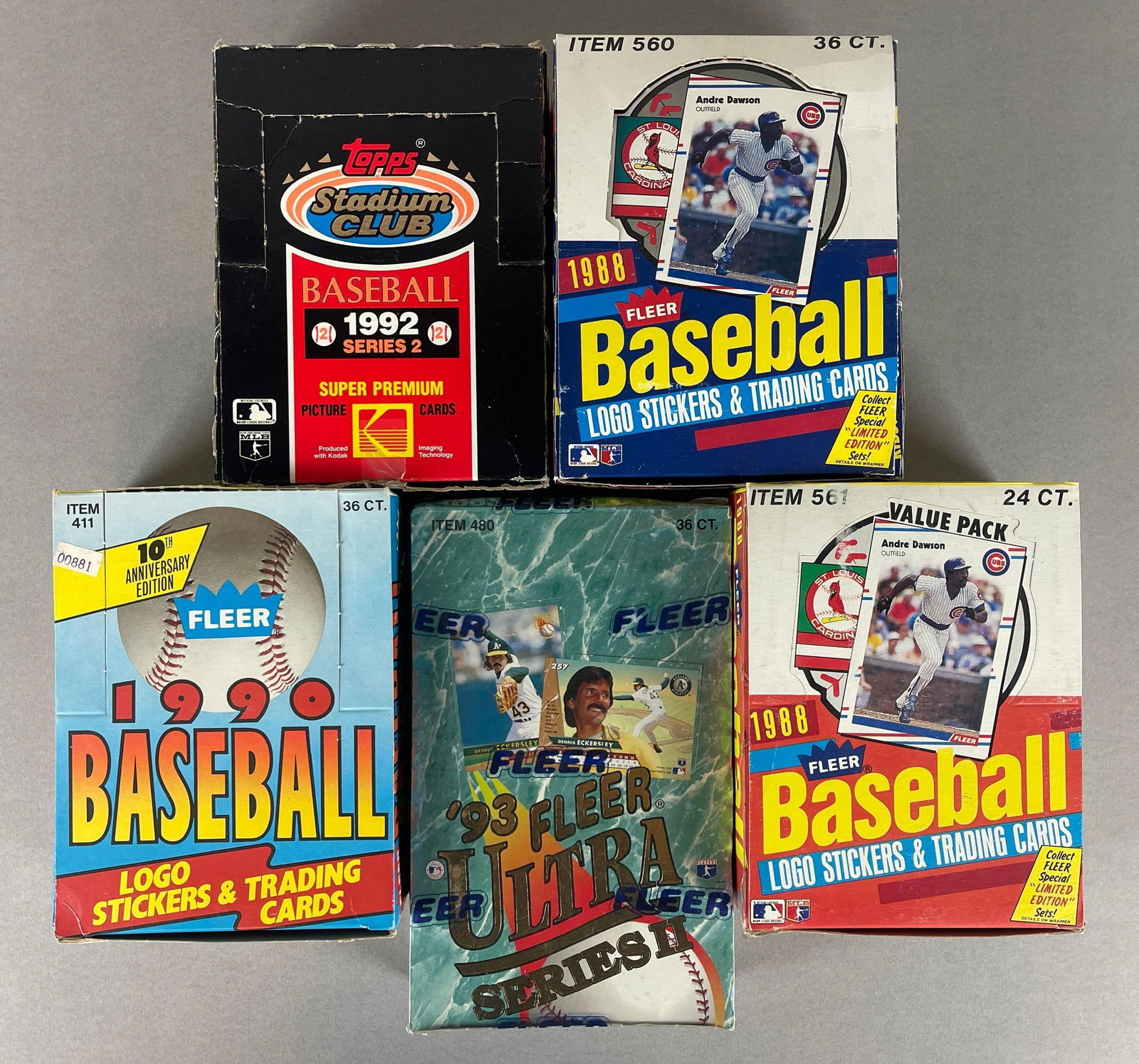 5 - 1988 - 1993 Baseball Unopened Boxes: 1993 Fleer Ultra Series 2 Factory Sealed, 1992 Stadium Club Series 2 box, 2 - 1988 Fleer Wax and Cello boxes, and 1990 Fleer box