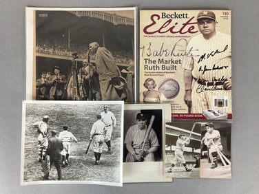 Babe Ruth Postcard Photos, Babe Ruth Day Article and 1st Beckett Elite Signed Magazine with Babe