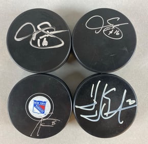 Henrik Lundquist, Kevin Klein, and 2 Derek Sanderson Signed Hockey Pucks