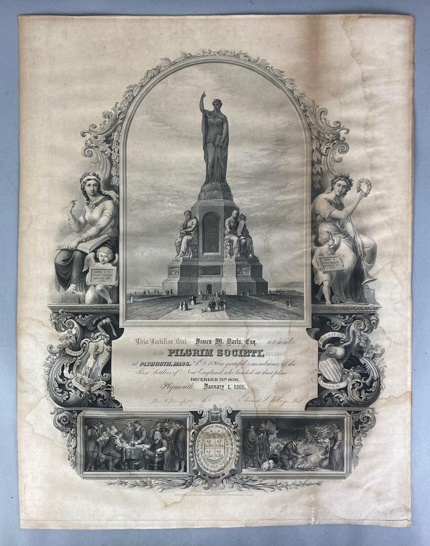 Antique RWH and E Pilgrim Society Member Certificate Lithograph (1 of 3)