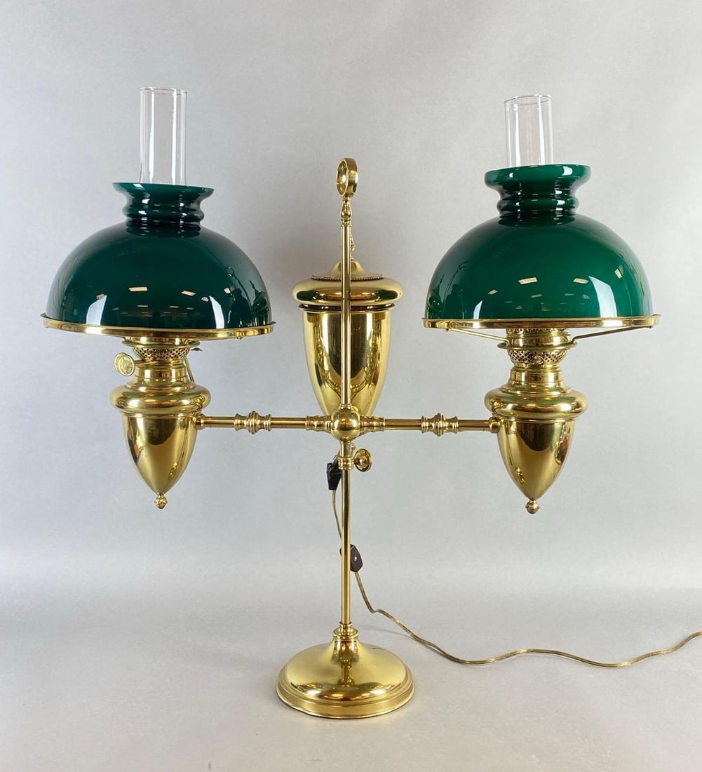 M.B. Co. New York Brass Double Student Electrified Kerosene Desk Lamp (1 of 9)