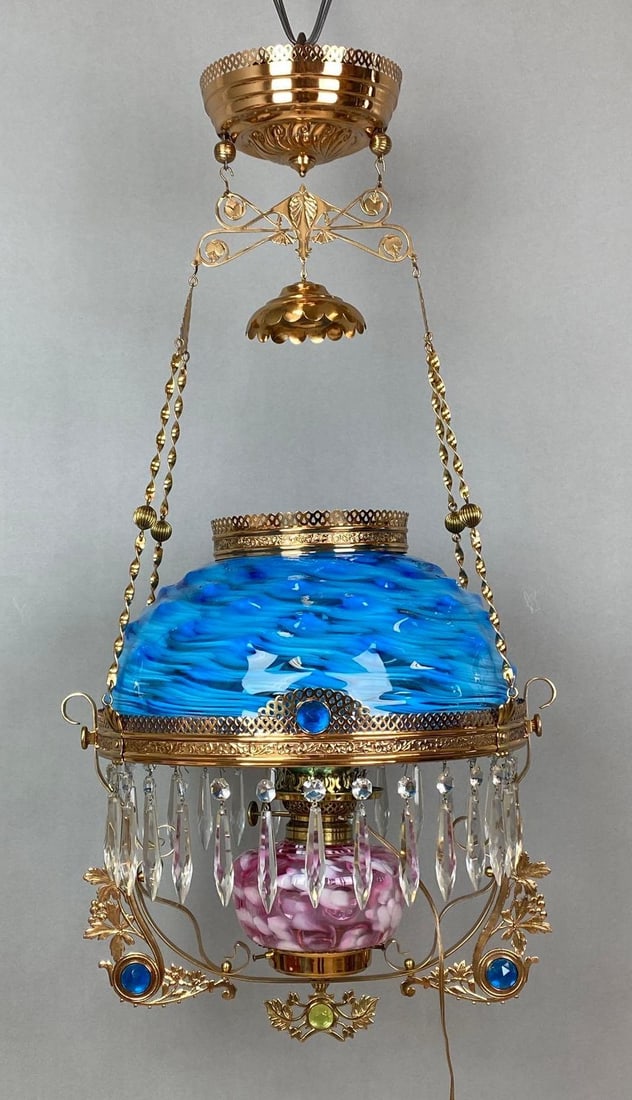 Victorian Electrified Brass Hanging Lamp with Blue Swirl Hob Glass Shade (1 of 7)